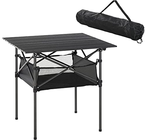 Outsunny 70cm Aluminum Roll-Top Table w/Mesh Bag Camping Outdoor Dining Foldable w/Steel Frame Picnic Lightweight Hiking Furniture Desk, Black