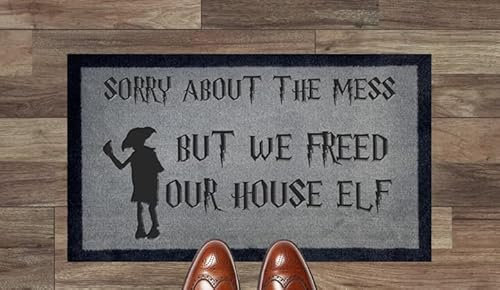 Sorry About The Mess We Freed Our House Elf Harry Potter Fans Coir Synthetic Nylon Light Grey Brown Cream Door Mat Gift (Light Grey (Indoor))