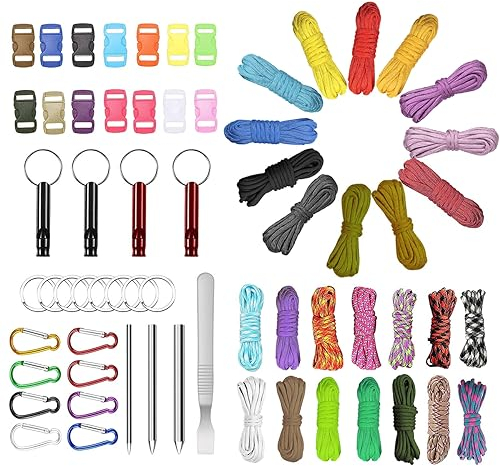 EUBSWA Paracord 550 Seil 4mm Paracord, 26 Stück Nylonschnur für DIY Armband Lanyard Schlüsselbund Hundehalsband Hundeleine - Bastelset mit Schnallen, Ringen, Nadeln & mehr - Nylon, 3 Meter