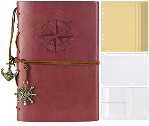 Leder Notizbuch, Vintage-Skizzenbuch, nachfüllbares Tagebuch, Leere Seiten, Ordnertaschen, Reisetagebuch Geschenke für Erwachsene, Mädchen, Jungen, A5, Rot