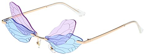 RUNHUIS Randlose Dragonfly Sonnenbrille Vintage Retro Flügel geformt Schmetterling Feenhafte Schatten Brille Fashion Party Brillen für Damen Herren (Blau-lila)
