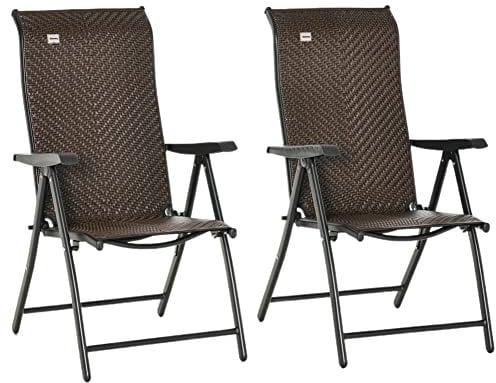 Outsunny Set of 2 Outdoor Wicker Folding Chairs, Patio PE Rattan Dining Armrests Chair set with 7 Levels Adjustable Backrest, for Outdoors, Camping, Brown