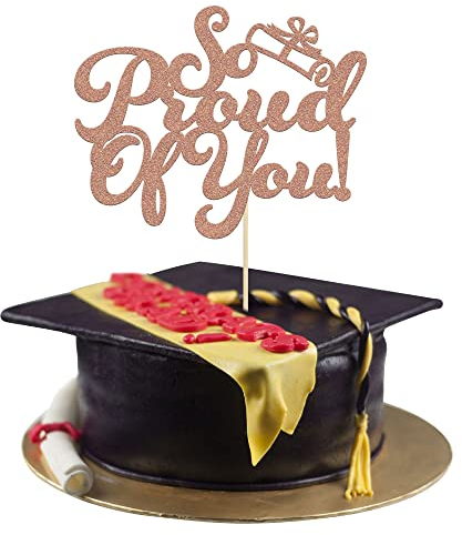 Gyufise 1 x Tortenaufsatz So Proud of You mit Diplom-Glitzer-Congrats Grad Senior Graduation Cake Pick Dekorationen für Klasse 2022 Abschlussfeier Motto Party Supplies Roségold
