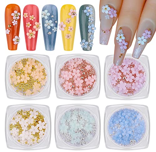 Kalolary 3D Colorful Flower Nail Charms with Silver Pearl Caviar Beads for Acrylic Nail Rhinestone Decorations, Acrylic Flowers Nail Art Stud Decorations for Women Girls(6 Boxes)