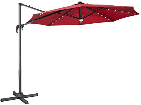 COSTWAY Ø300 cm LED Solar Ampelschirm Sonnenschirm, Gartenschirm mit 28 Solarlichtern & Nabenleuchte, Terrassenschirm neigbar, 360° drehbar, Marktschirm für Cafés, Pools, Gärten (Weinrot)