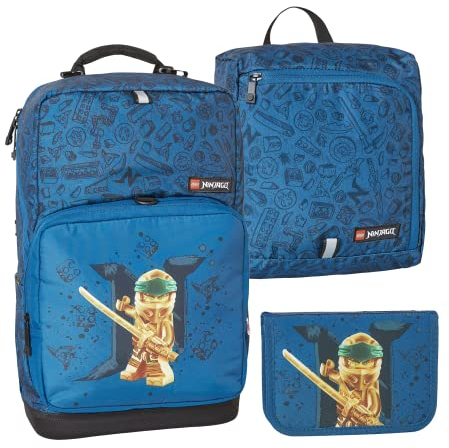 LEGO® - Optimo Plus Jungen Schulranzenset mit CE-zertifizertem Federmappeninhalt & montierbarem Turnbeutel - NINJAGO, Gold/Blue - Großes Hauptfach - Verstellbare Brustriemen - 5-8 Jahre