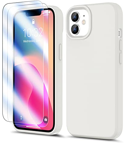 Anshow Liquid Silikon iPhone 11 Hülle + 2 Schutzfolie, Hochwertiges Silikon rutschfeste Robust Extrem Stoßfest Kratzfeste Weiches Mikrofaserfutter Handyhülle iPhone 11 Schutzhülle Case, Cremeweiß