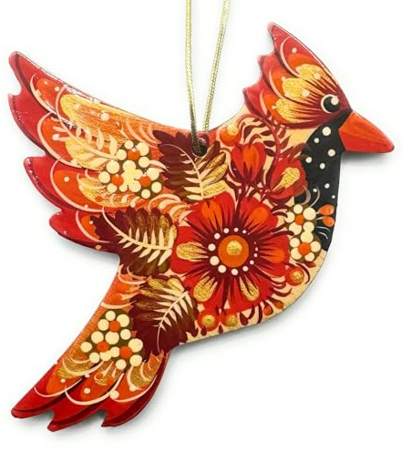 Vogel Weihnachtsschmuck Kardinal aus Holz 9.5 х 8 cm Kunstvoll Handbemalt in der Ukraine nach Petrykiwka Tradition, Ukrainischer Weihnachtsschmuck für Weihnachtsbaum
