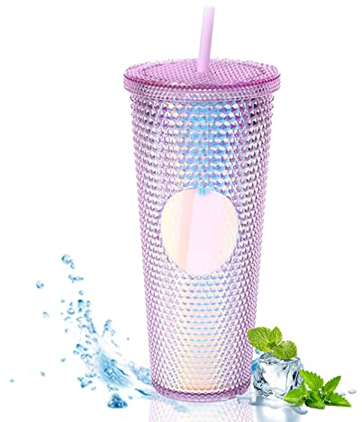 XQZMD 710ml Nietenbecher mit Deckel und Strohhalm, Wiederverwendbar oppelwandiger Reisebecher aus Kunststoff für Eiskaffeegetränke, Wassermatsch oder Smoothies (Lila)