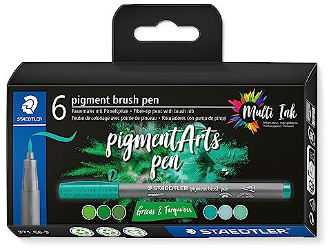 STAEDTLER brush pen pigment Arts, greens & turquoises, pigmentierte Premium-Zeichentusche, Pinselspitze für variable Linienbreite, wasserfest, 6 brush pens im Kartonetui, 371 C6-3