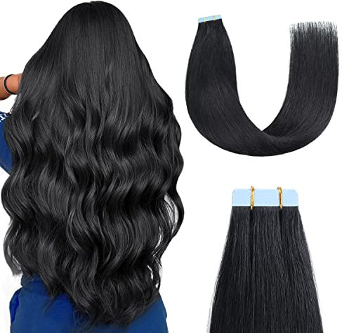 Sunya Tape Extensions Echthaar Tiefschwarz Tape In Extensions Echthaar Natürliche Echthaar Haarverlängerungen Invisible Seidig Gerade Skin Weft Tape Ins Hair Extensions 70cm 20 Stück 60g/Pack
