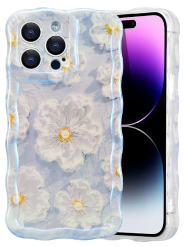 EYZUTAK Case for iPhone 14 Pro, Colorful Retro Oil Painting Flower Laser Glossy Pattern Cute Curly Wave Border Exquisite Phone Cover Stylish Durable TPU Protective Case for Girls Women - Light Blue