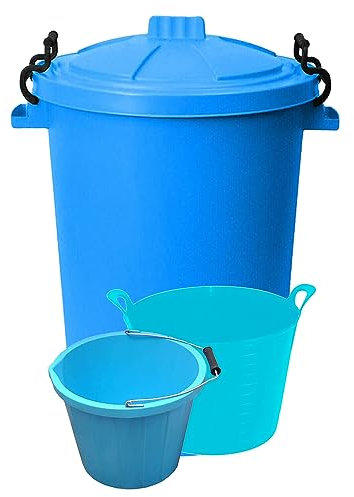 (Set of 3) 50L Litre Heavy Duty Clip Lock Lid Rubbish Bin, Dustbin /3 Gallon 14 Litre Plasters Builder Bucket and 20 Litre Flexible Plastic Storage Container Bucket Tub Trugs Horse Feeder (Sky Blue)