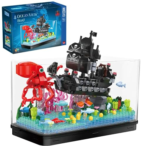 Ocean View Boot Baustein Set, 697 Klemmbausteine DIY Black Pearl Piratenschiff Meer Bausteine Spielzeug Set, Bausteine Spielzeug Geschenk für Erwachsene und Kinder, Nicht kompatibel mit Lego