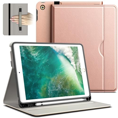 JETech Funda para iPad 6/5 (9,7 Pulgadas, 2018/2017 Modelo, 6.ª/5.ª Gen), PU Cuero Folio Protectora Tableta Cover Carcasa con Portalápiz & Bolsillo, Múltiple Ángulo de Visión (Oro Rosa)