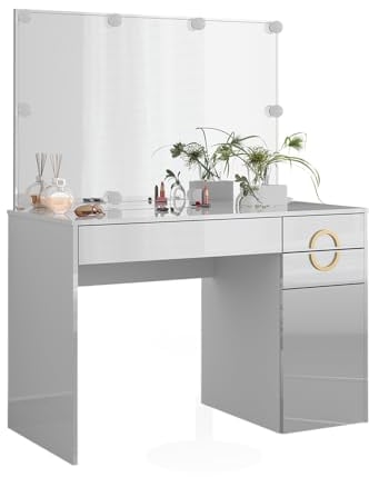 Vicco Schminktisch Adela, Kosmetiktisch mit Spiegel, Weiß Hochglanz, 115 cm mit LED Beleuchtung