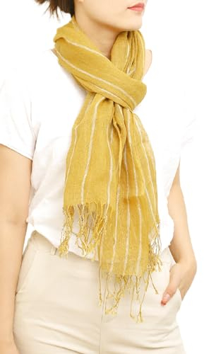 Prettystern Herren Damen unisex 2-farbige Streifen Lang Frühling Sommer-Schal Leinen-Tuch mit langer Fransen Gelb T109