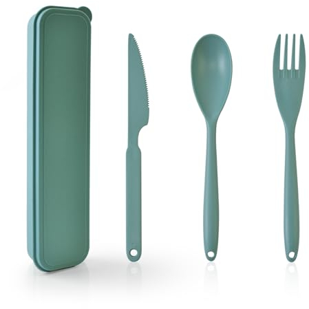 Juego de cubiertos de viaje con funda, juego de cubiertos portátil grande de plástico reutilizable, tenedores de plástico, cuchara, vajilla, juego de cubiertos de camping para viajes, picnic, al aire