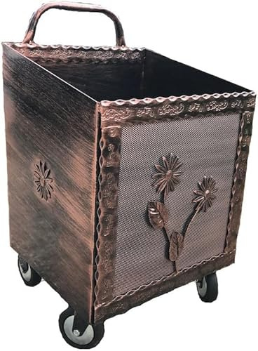 Bricoutlet Carrello Porta Legna Porta pellet da interno in Ferro BATTUTO 43x37x72hcm con Ruote RAME - Cesta per legna da interno ed esterno