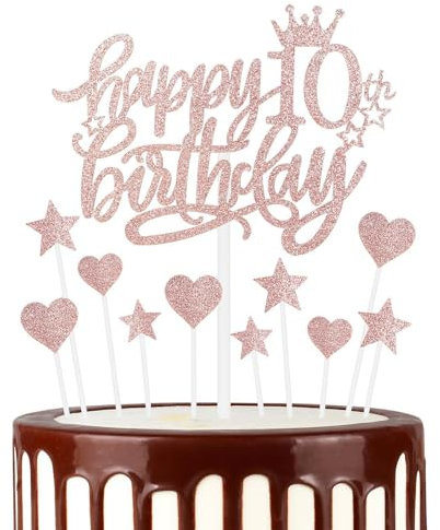 Happy 10th Birthday Cake Toppers, Rose Gold Cake Cupcake Toppers for Cake, Glitter Heart Stars Cake Toppers, Birthday Gift, Personalised Cake Toppers for Women Girls 10th Birthday Cake Decorations