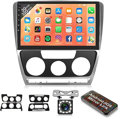 2G+32G Android Autoradio 2 Din für VW Skoda Octavia 2007-2014 mit GPS Navi WiFi IOS/Android Mirror Link 10.1 Zoll Touchscreen Autoradio mit Bluetooth FM/RDS/DAB/OBD/DVR Lenkradsteuerung Rückfahrkamera