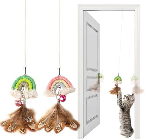YUDANSI Cat Feather Toys for Indoor Cats Adult Kitten 2pack, Doorway Self-Adhesive Hanging Kitten Teaser Toys, Interactive Retractable Toy for Kitty Play Chase Exercise to Keep Busy Hunting Chasing
