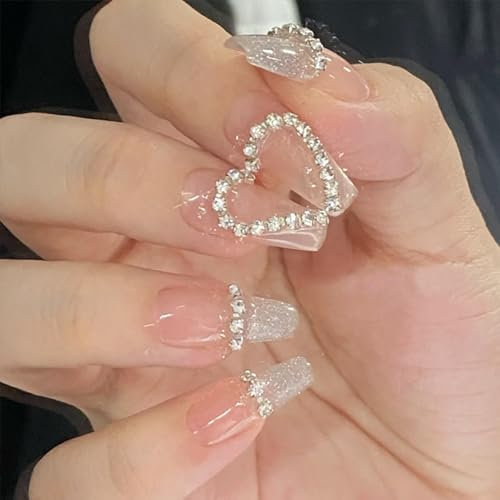 Mgmxbsth 24Pcs Sliver Glitter Press on Nails Glossy Pink False Nails Square Middle Fake Nails Full Cover Stick on Nails for Women Girls (Pink gradient sparkling)
