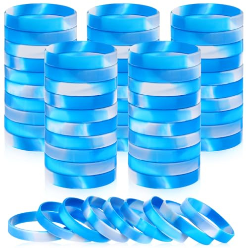 Liliful 50 Stück einfarbige Silikon-Gummi-Armbänder, elastische Gummi-Armbänder, blanko, farbiges Armband, Sport-Gummibänder für Damen, Herren, Party-Geschenke (blau und weiß)