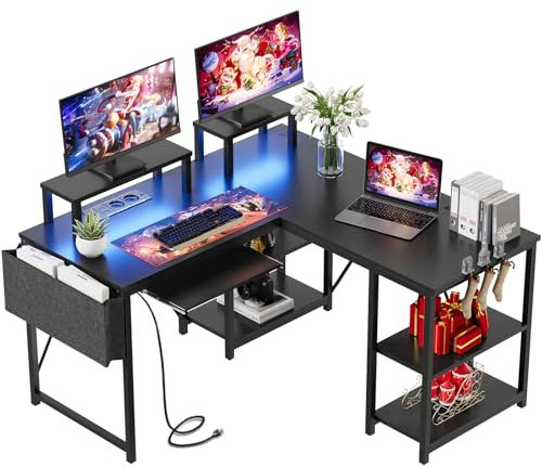 TRIUMPHKEY 140x140cm Escritorio Esquinero con LED,Escritorio con Estante y Monitor, Escritorio en L, Mesa Gaming con Puertos de Carga USB y Enchufes para Juego y Oficina en Casa, Negro