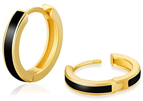 KRKC Silber Kreolen Hoop Ohrringe, 15mm 14K Gold/Schwarz Vergoldet S925 Sterling Silber Ohrringe, Nickel-frei Creolen für Herren Männer(Linie-14K Gold Vergoldet)
