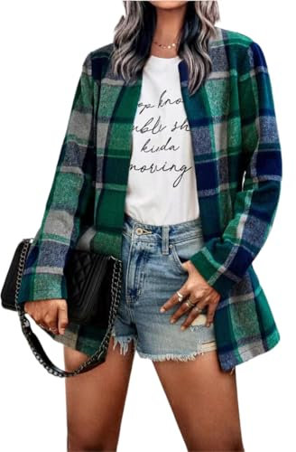 Veste à Carreaux en Flanelle pour Femme, Trench-Coat en Tartan boutonné à Revers décontracté, Chemises à Manches Longues avec Poches (Vert,L)
