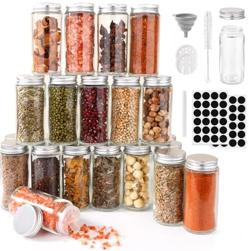 FoiiLiio Ronds Pot à Épices en Verre, 24 x 120ml Bocaux à Épices Françaises avec Couvercle Hermétique, Boite Epices pour Rangement de Épices Cuisine avec Tamis, 48 Étiquettes Vierges, Stylo, Entonnoir