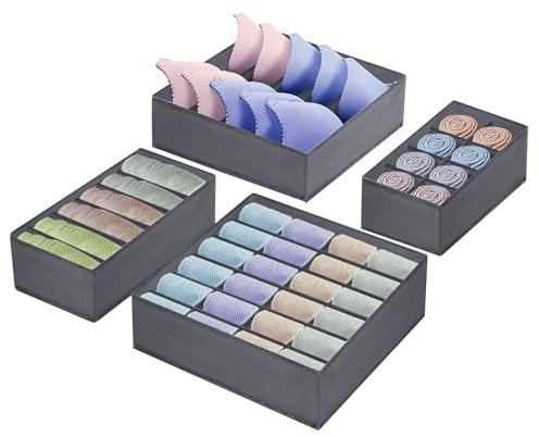 Foydream Unterwäsche Organizer,4 Stück Faltbar Schubladen Organizer Akleiderschrank Organizer Aufbewahrungsbox für Socken, BHs und Krawatten Kleidung Höschen Scarves Grau