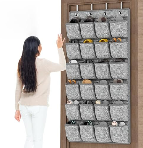 VERONLY Hängendes Schuhregal zur Aufbewahrung über der Tür – Kleiderbügel, Aufbewahrungshalter-Tasche, Wandmontage, mit 24 großen Taschen und 4 breiten Haken für Schrank, Hausschuhe, Herren-Sneaker
