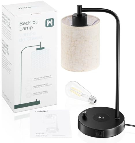 Lampada da comodino da camera a LED con caricatore a induzione e porte di ricarica USB-C+A, lampada da scrivania, lettura, ideale da tavolo da comodino, dimmerabile, paralume in lino, caricabatterie