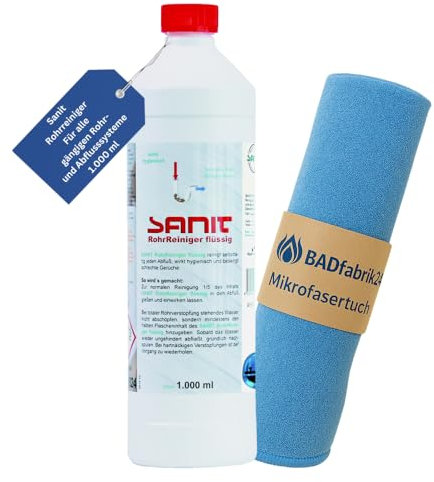 BADfabrik24 SANIT Rohrreiniger flüssig 1000 ml Flasche Art.-Nr. 3063 + Mikrofasertuch – bei nachlassender Abflussleistung, löst Ablagerungen, für Küche & Bad, inkl. Reinigungstuch 40×40 cm