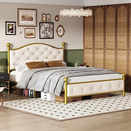 Arhatreya Metallbett 140x200 cm, Bettgestelle mit Lattenrost, Doppelbett Bettrahmen mit Kopfteil, Gästebett Jugendbett für Schlafzimmer, Gästezimmer (Ohne Matratze) Gold