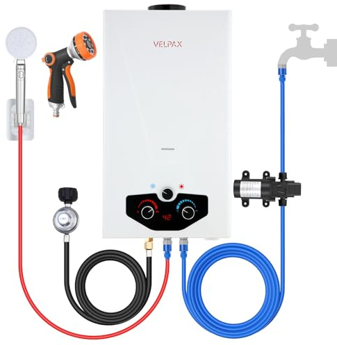 Tankless Water Heater Propane,3.18GPM 12L Outdoor Portable water heater,with 2 GPM Water Pump, Instant Propane water heater with Digital Display Multi-Protection for Camping Trips Boat Cabins