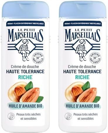 Le Petit Marseillais | Crème de Douche Haute Tolérance Riche Huile d’Amande Bio (flacon de 400 ml) – 98% d'ingrédients d'origine naturelle – Gel douche pour peaux très sèches et sensibles (Lot de 2)