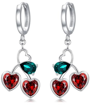 Kirsch Ohrringe für Damen Sterling Silber rotes Herz baumelnde Creolen Kirschschmuck Geschenk für Kirschliebhaber