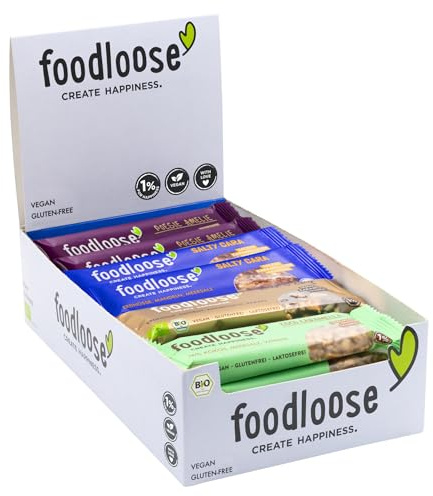 foodloose Bio-Nussriegel Probierpaket | Vegane, laktose- und glutenfreie Bio-Riegel ohne raffinierten Zucker | Großpackung mit 4 verschiedenen Sorten (24 Riegel x 35g)