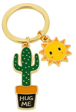 DONWOIE Cactus Keyring, Sunshine Keychain Bag Charms for Women | Fun Key Rings Gifts with Smiley Yellow Sun and “Hug Me” Potted Green Cactus for Women Men Boys Friends Family - Gold