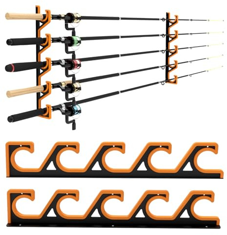 tonhui Soporte Cañas Pescar Pared y Techo, Organizador Cañas Pescar Horizontal con Goma PU Suave, Porta Cañas de Pescar Garage para 5 Cañas, Estante Antiarañazos (Negro/Amarillo)