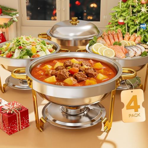 LEDLAY 6QT Stainless Steel Chafing Dishes for Buffet, Round Chafing Dish Buffet Set 4 Pack with Smooth Edge Lid, Food Warmers for Parties Buffet Golden & Silver