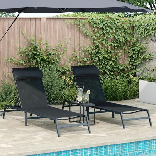 RMIHSJG Klappbare Sonnenliegen Schwarz Metallrahmen Textilene Standard 2 Liegen mit Tisch, Verstellbare Rückenlehne Wetterbeständig UV-beständig, Kompakte Lagerung Bequemes Design