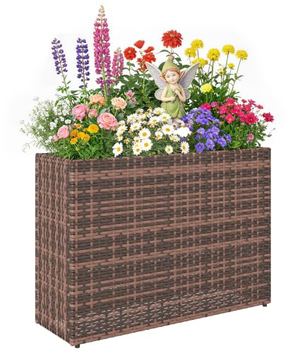 Outsunny Polyrattan Blumenkasten Hochbeet mit Verstellbaren Füßen Braun | Pflanzkasten, Herausnehmbarem Einsatz, Pflanzkübel, für Terrasse, Balkon und Gemüse