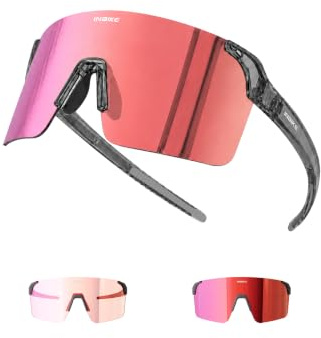 INBIKE Fahrradbrille Photochrom UV400-Schutz Anti-Beschlag 27 g | Sonnenbrille Rahmenloses Großglas mit rutschfesten TR90-Bügeln und verstellbarem Nasensteg für Nachtfahrten