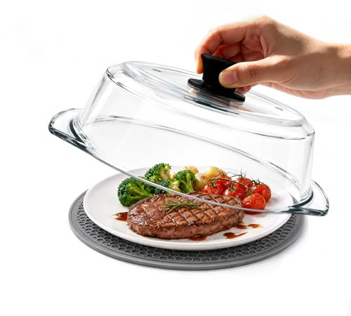 Cubierta de Vidrio para Tapa Microondas para Alimentos: Protector Antisalpicaduras con Asas de Silicona & Alfombrilla de Silicona-Tapa Microondas Cristal con Doble Orificio de Ventilación-Para Platos