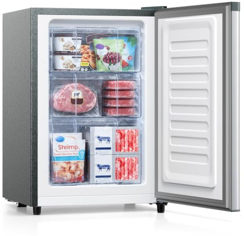 KOMORE Small Freezer Freestanding Upright Freezer 46L, 3 Drawers, Grey | Removable Shelves, Low Noise, Energy Saving Under Counter Freezer for Home/Office/Dorm