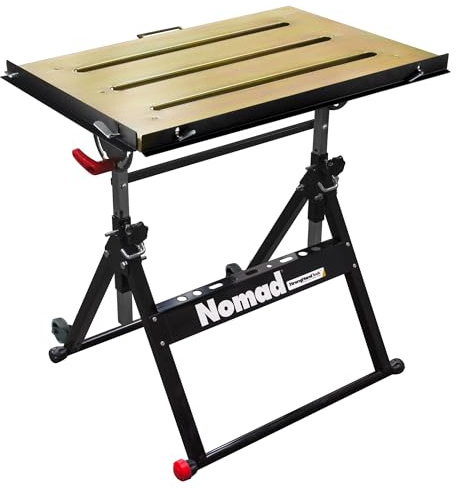 Strong Hand Tools, Nomad, Table de soudage en acier, trois fentes de table de 28 mm, angle et hauteur réglables, roulettes, rails de guidage rétractables, pied de nivellement excentrique, TS3020, noir